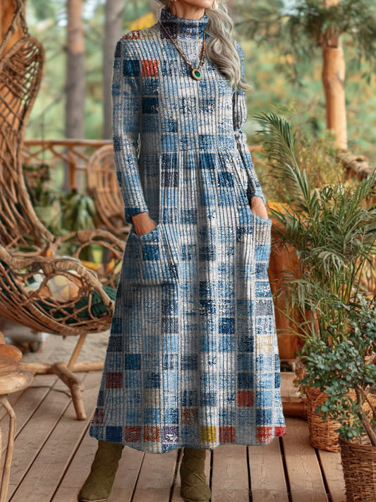 Women's Retro Blue Mosaic Abstract Art Prints Elegant High Neck Pockets Knit Dresses
