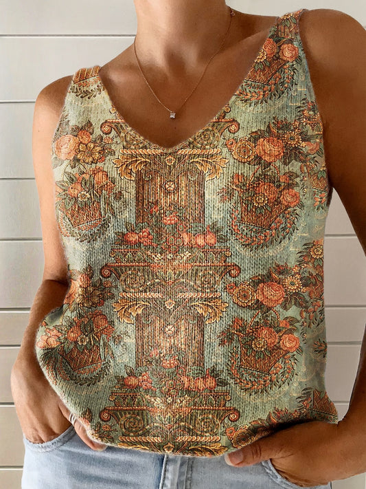 Women's Vintage Ethnic Floral Tattoo Pattern Art Print Casual V-Neck Knit Cami Tank Top
