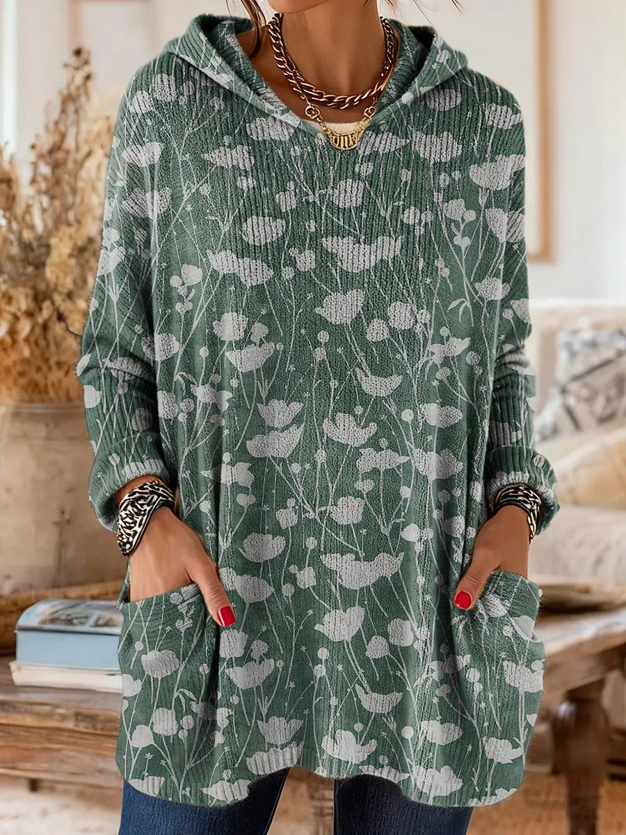 Women's Vintage Floral Art Print Casual Knit Hoodie With Pockets