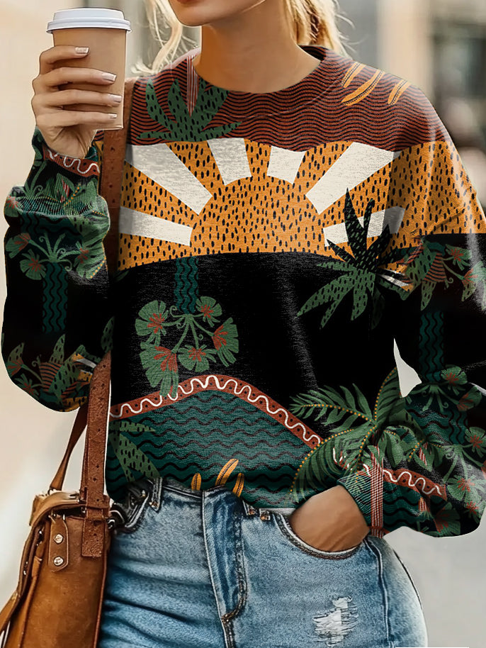 Plant Patchwork Leopard Print Sun Pattern Art Print Casual Sweatshirt