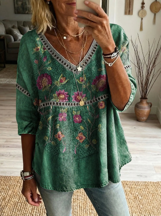 Women's Retro Green Textured Floral Art Print Casual Hollow-Out Top