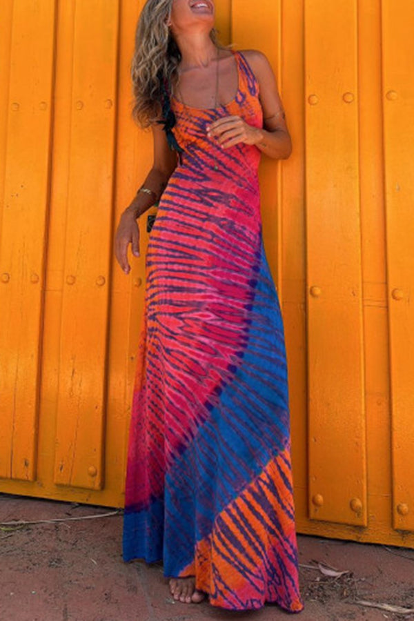 La Bamba Tie-dye Print Back Lace-up Stretch Maxi Dress