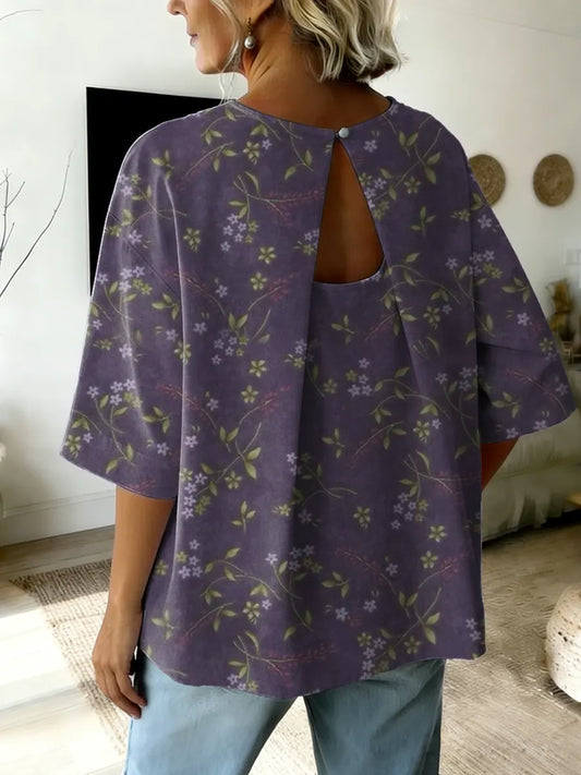 Ethnicity Purple Flowers Women's Art Pirnt Round Collar Shirt Top