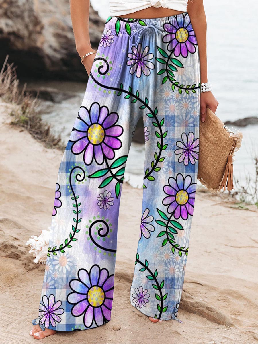 Women's Colorful Flower Printed Cotton And Linen Casual Pants