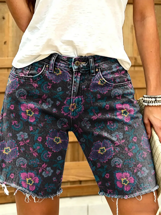 Women's Vintage Purple Floral Art Print Casual Washed Cotton Denim Shorts