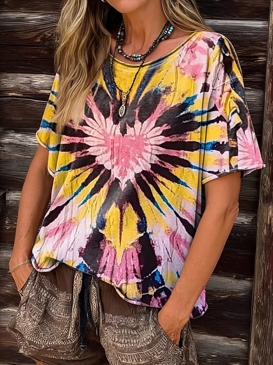 Women's Hippie Retro Tie-dye Heart Art Print Crew Neck 100% Cotton T-shirt