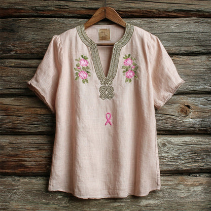 Floral Embroidery Pink Ribbon Awareness Women's Linen V-neck Shirt