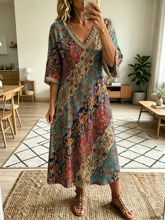 Women's Ethnic Art Print V-Neck Short Sleeve Tassel Cotton Pocket Dress
