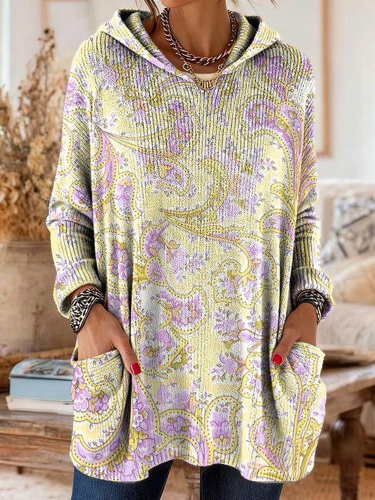 Women's Vintage Ethnic Yellow Floral Art Print Casual Knit With Pocket Hooded Top