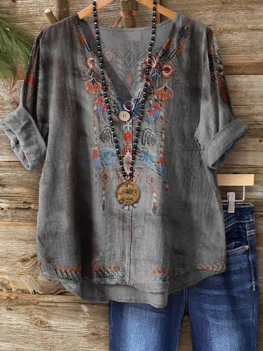 Women's Bohemian Floral Art Print Casual Cotton Linen Shirt
