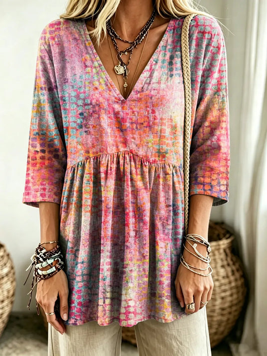 Women's Multicolor Tie-Dye Print V-Neck Casual Blouse