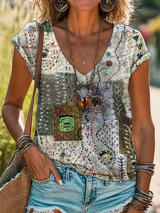 Patchwork Art Print 100% Cotton V-Neck T-Shirt
