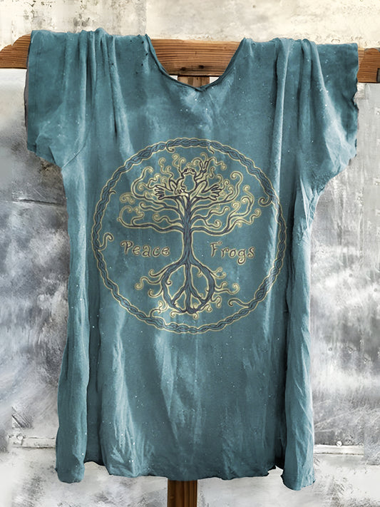 Women's Hippie Peace Frogs Art Print Cotton Crew Tee