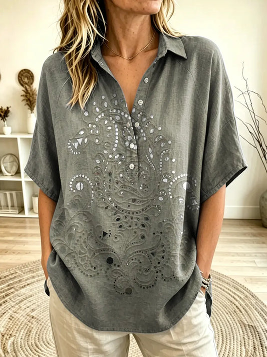 Women's Vintage Floral Print Collared Short Sleeve Henley Blouse