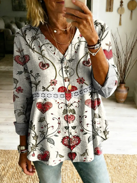 Women's Folk Heart-Shaped Floral Art Print V-Neck Lace Shirt