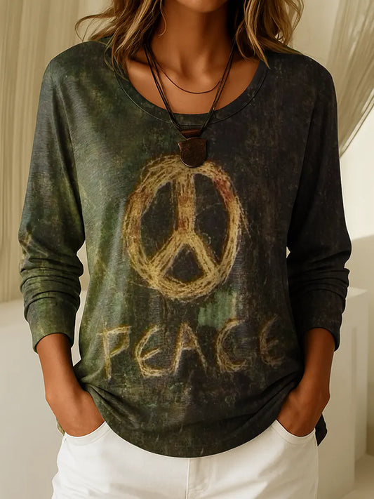 Women&#39;s Vintage Hippie Peace Art Print Casual T-shirt