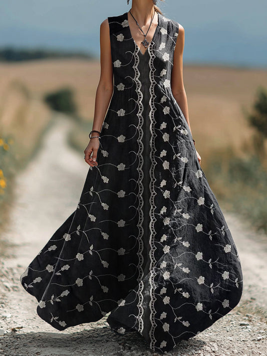 Women's Vintage Ethnic Floral Art Print Sleeveless Cotton Pocket Dress