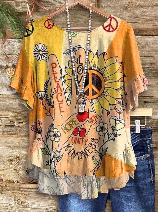 Women's Hippie Art Print Casual Short Sleeve Cotton And Linen Shirt