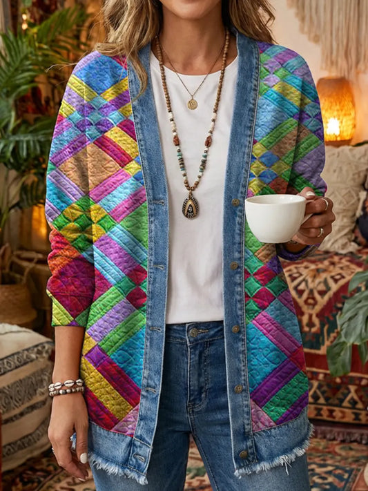 Ethnicity Geometry Colorful Patchwork Women's Art Print Casual Long Sleeve Denim Patchwork Shirt Coat