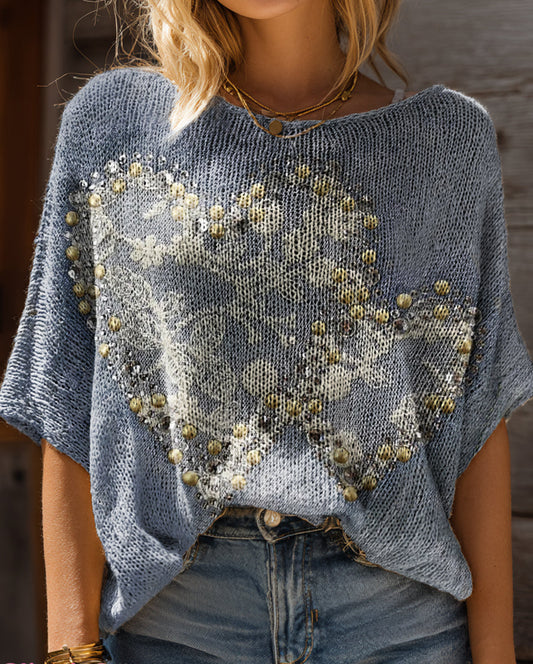 Women's Vintage Love Floral Art Print Casual Short Sleeves Pullover Sweater