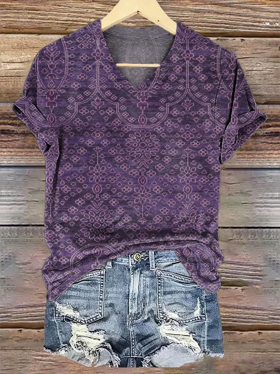 Women's Art Painting Purple Vintage Floral Print Long Sleeve Shirt