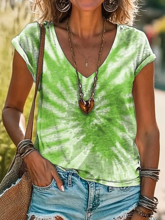 Women's Saint Patrick's Day Green Tie Dye Print Cotton V-neck T-Shirt