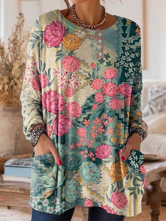 Women's Vintage Ethnic Geometric Floral Art Print Homewear Pocket V-neck Cotton T-shirt