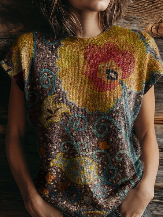 Women's Vintage Folk Flowers Print Casual Crew Neck Short Sleeve Knitted Sweater