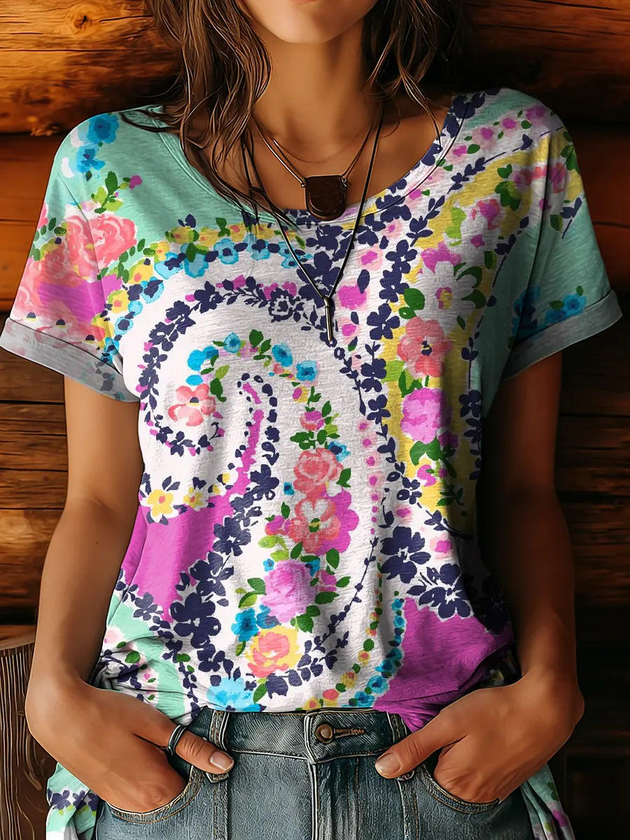 Women's Retro Colorful Paisley Floral Art Print Casual Short-sleeve Crew Neck Pure Cotton T-shirt