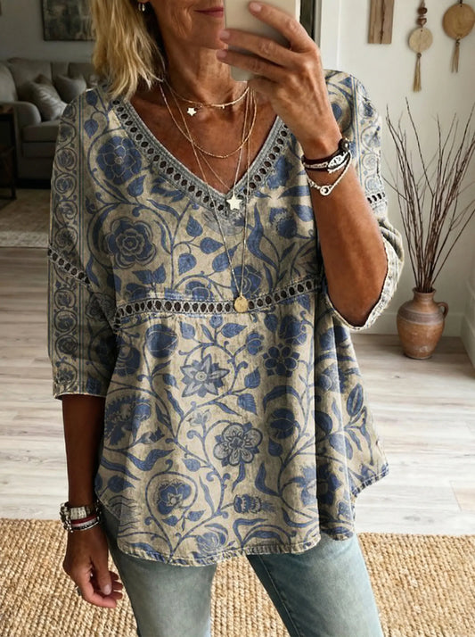 Women'sfloral Art Print Casual V-neck Tie-front Top