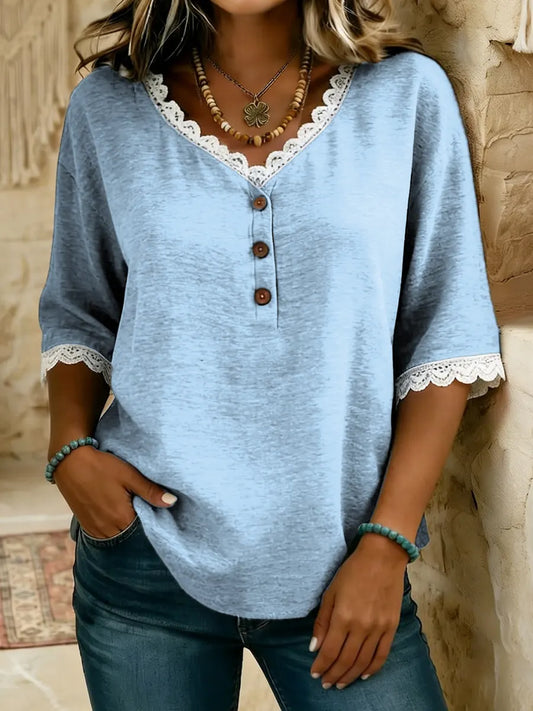 Women's V-Neck Lace Trim Cotton Top