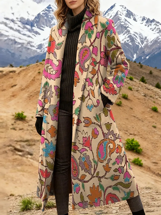Women's Ethnic Floral Art Print High-Quality Casual Wool Coat