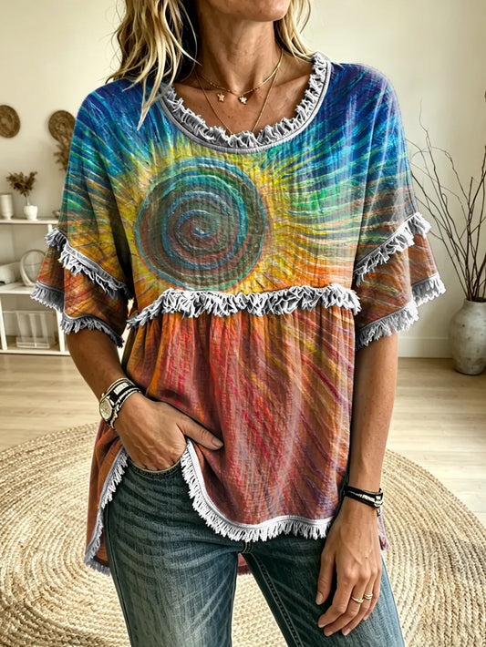 Women's Rainbow Tie-Dye Sun Swirl Print Ruffle Round Neck Fringe Trim Blouse