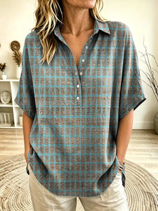 Women's Geometric Grid Print Collared Short Sleeve Henley Blouse