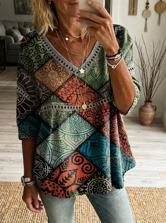 Women's Vintage Ethnic Pattern Art Print Casual V-neck Lace-up Top
