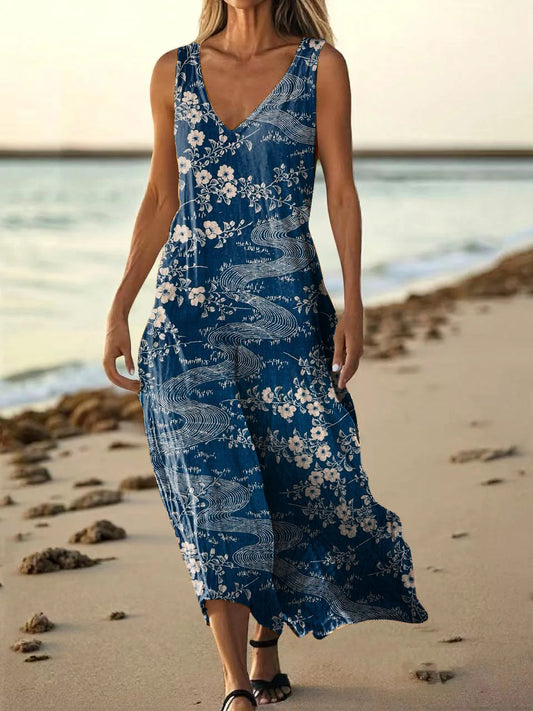 Women's Vintage Ethnic Floral Art Print Sleeveless V Neck Pocket Cotton Dress