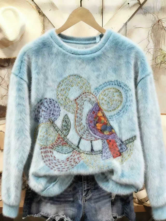 Art Print Sweatshirt with Line Bird Pattern in Mink Fleece