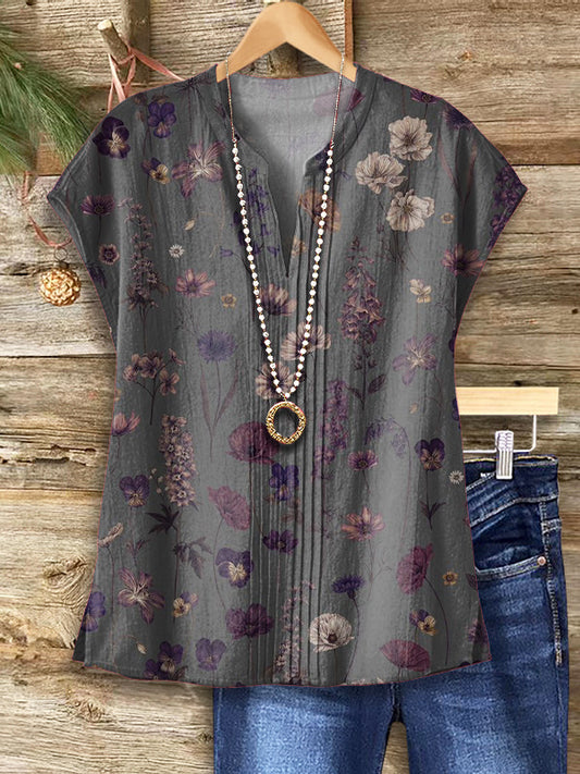 Women's Vintage Floral Art Print Casual Short Sleeve Cotton And Linen Shirt
