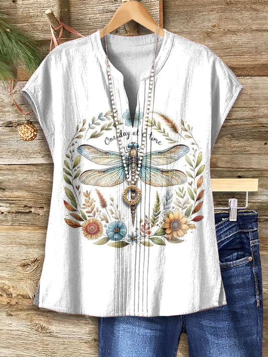 Women's Dragonfly Floral Pattern Art Print Casual Cotton Linen Short Sleeve Shirt