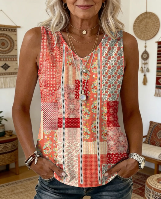 Women's Vintage Floral Print Artistic Openwork Cotton-linen V-neck Sleeveless Top