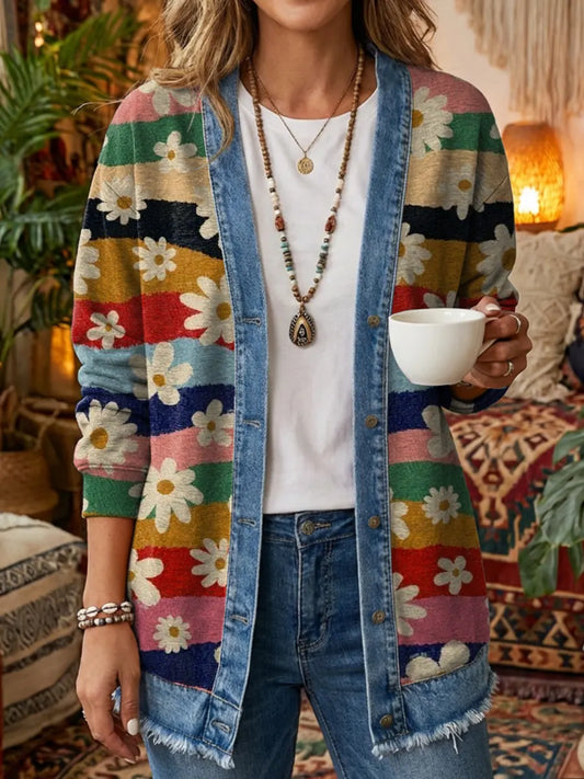 Women's Bohemian Floral Pattern Art Print Casual Long-Sleeve Shirt Jacket