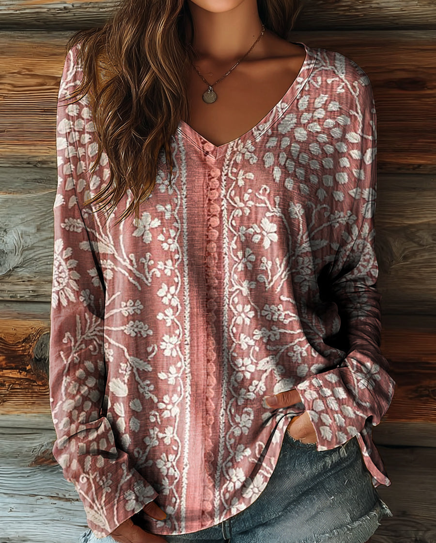 Women's Vintage Ethnic Floral Art Print Casual V-neck Long Sleeve T-shirt