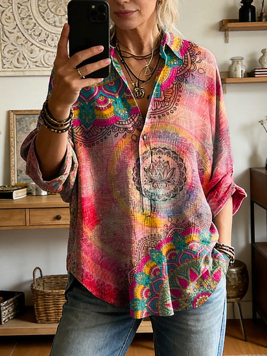Women's Vintage Mandala Floral Print Casual Long-sleeve Shirt
