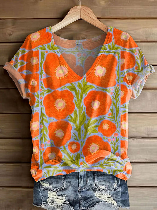 Women's Floral Art Print V-Neck Casual T-Shirt