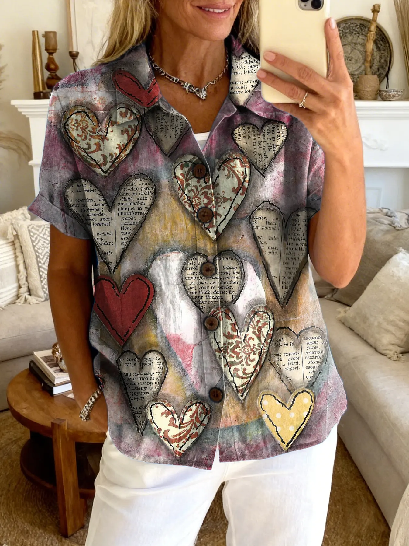 Women's Retro Oil Painting-Style Heart Art Print Casual Short-Sleeve Top with Lapel Collar