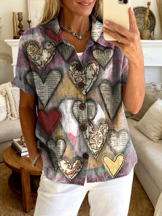 Women's Retro Oil Painting-Style Heart Art Print Casual Short-Sleeve Top with Lapel Collar