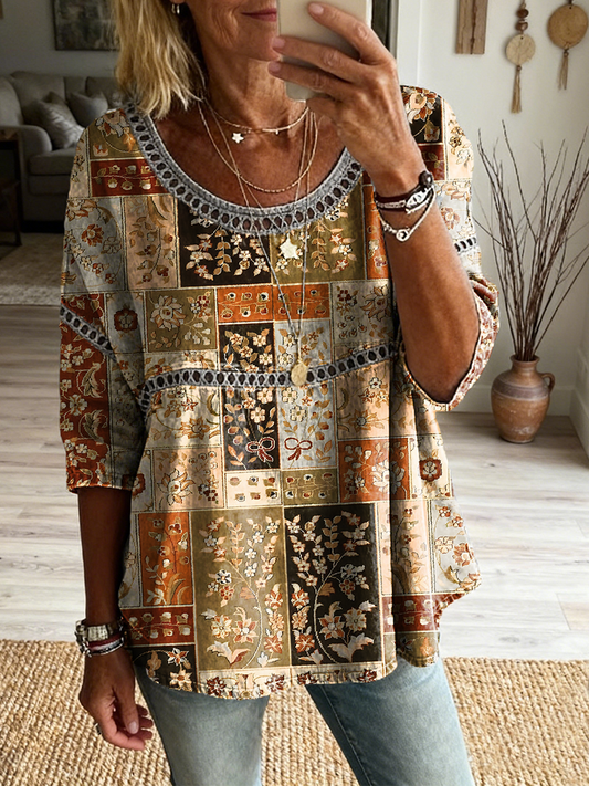 Women's Retro Bohemian Ethnic Plaid Art Print Casual Three-quarter Sleeve Round Neck Hollow-out Top