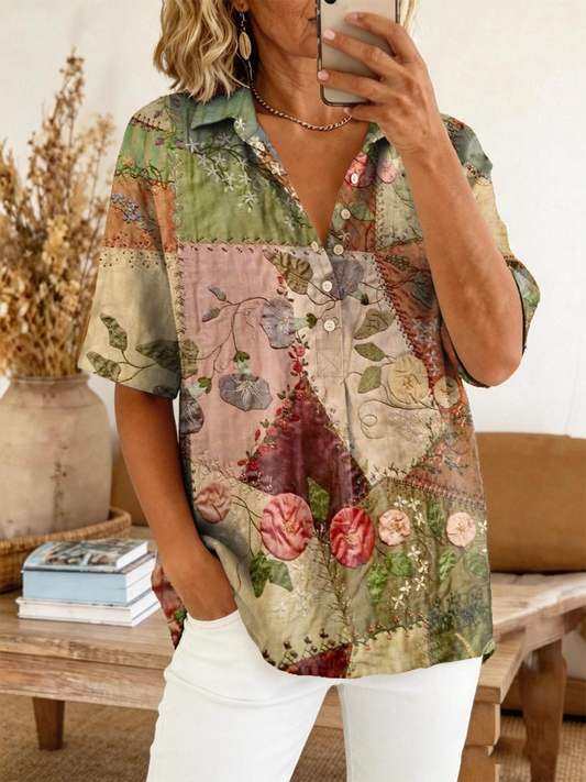 Women's Retro Colorful Floral Color-blocked Art Print Casual Short-sleeve Cotton Linen Shirt