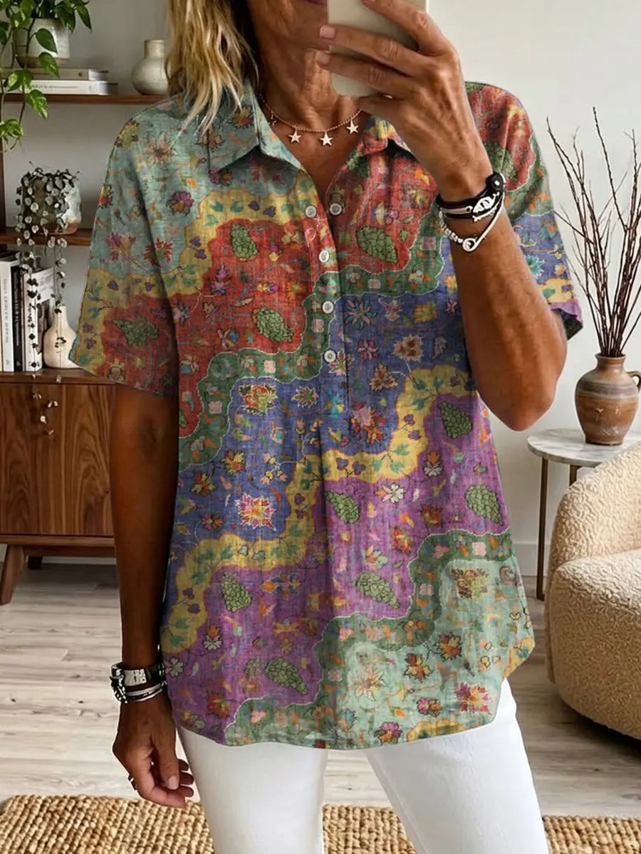Ethnicity Flowers Arc Women's Art Print Casual Short-sleeve Linen Shirt