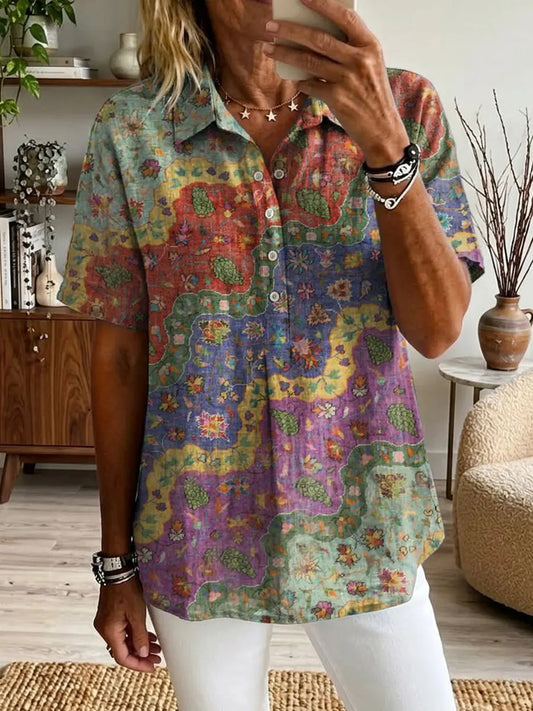 Ethnicity Flowers Arc Women's Art Print Casual Short-sleeve Linen Shirt